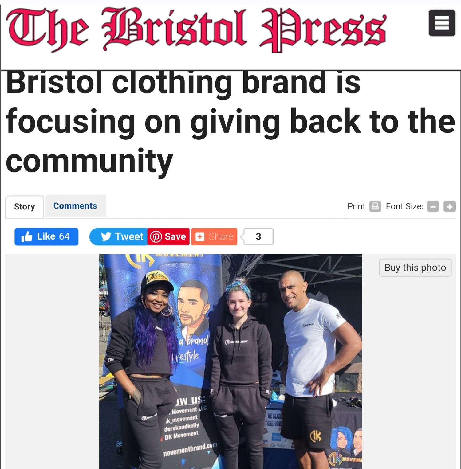 The Bristol Press Article on DK Movement clothing brand giving back to the community.