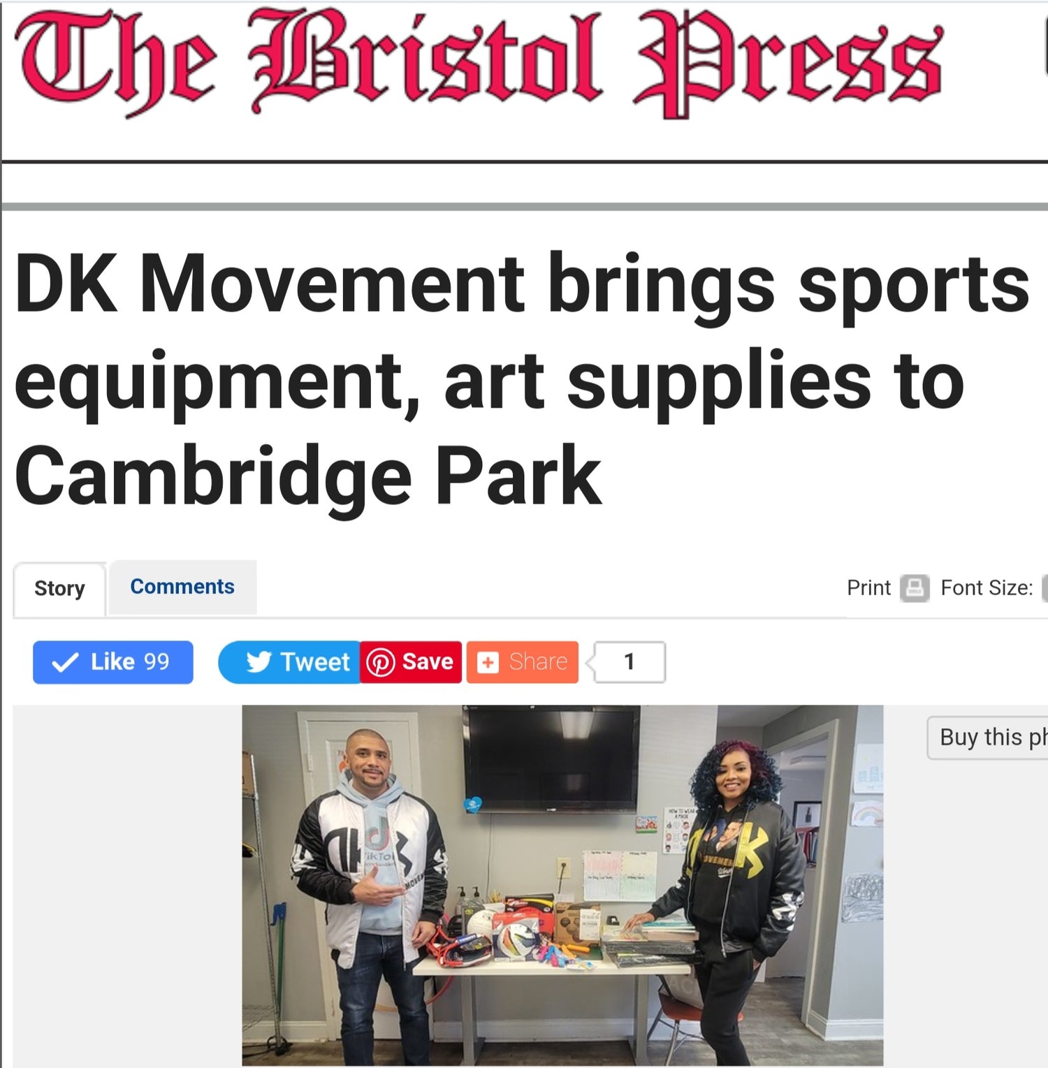 Bristol Press Article for DK Movement donating sports equipment to the Cambridge Park Bristol Boys and Girls Club